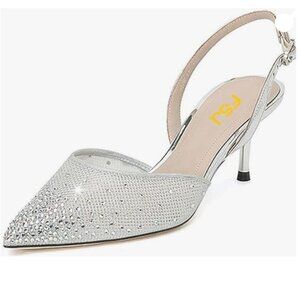 FSJ Silver Crystal Studded Clear Pumps Sparkle Rhinestones  Low Heel Sandals